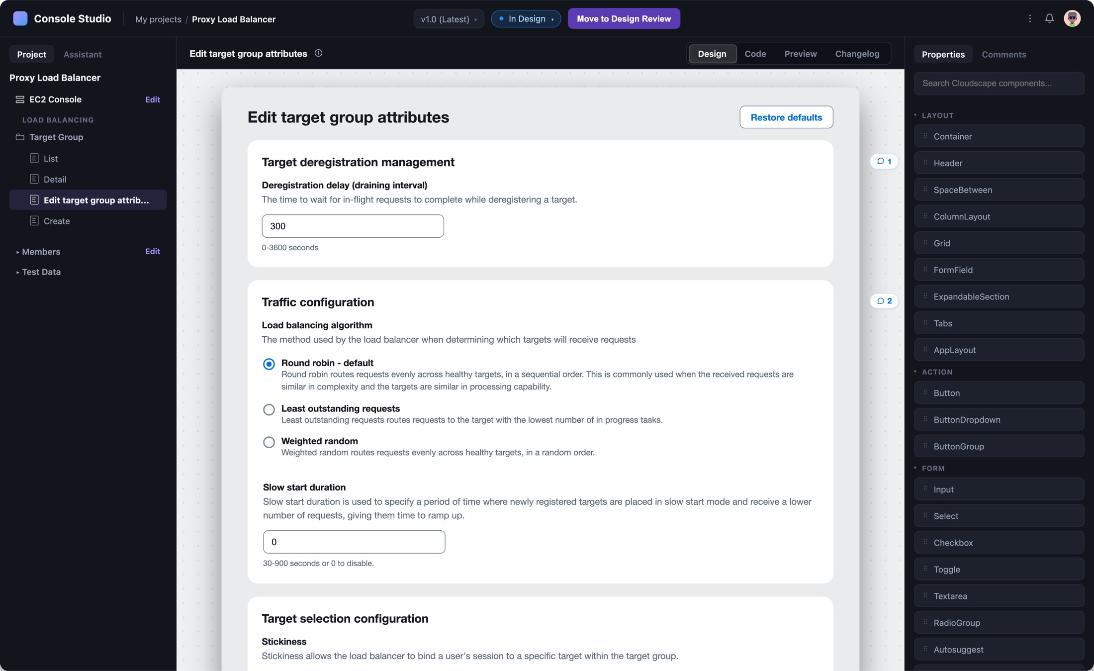 The builder editing a load balancer console page, with the component library on the right