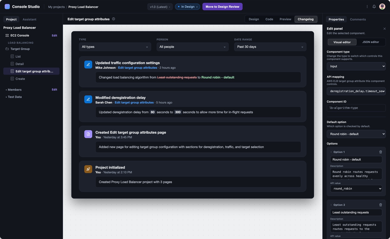 A changelog feed of edits with authors and timestamps