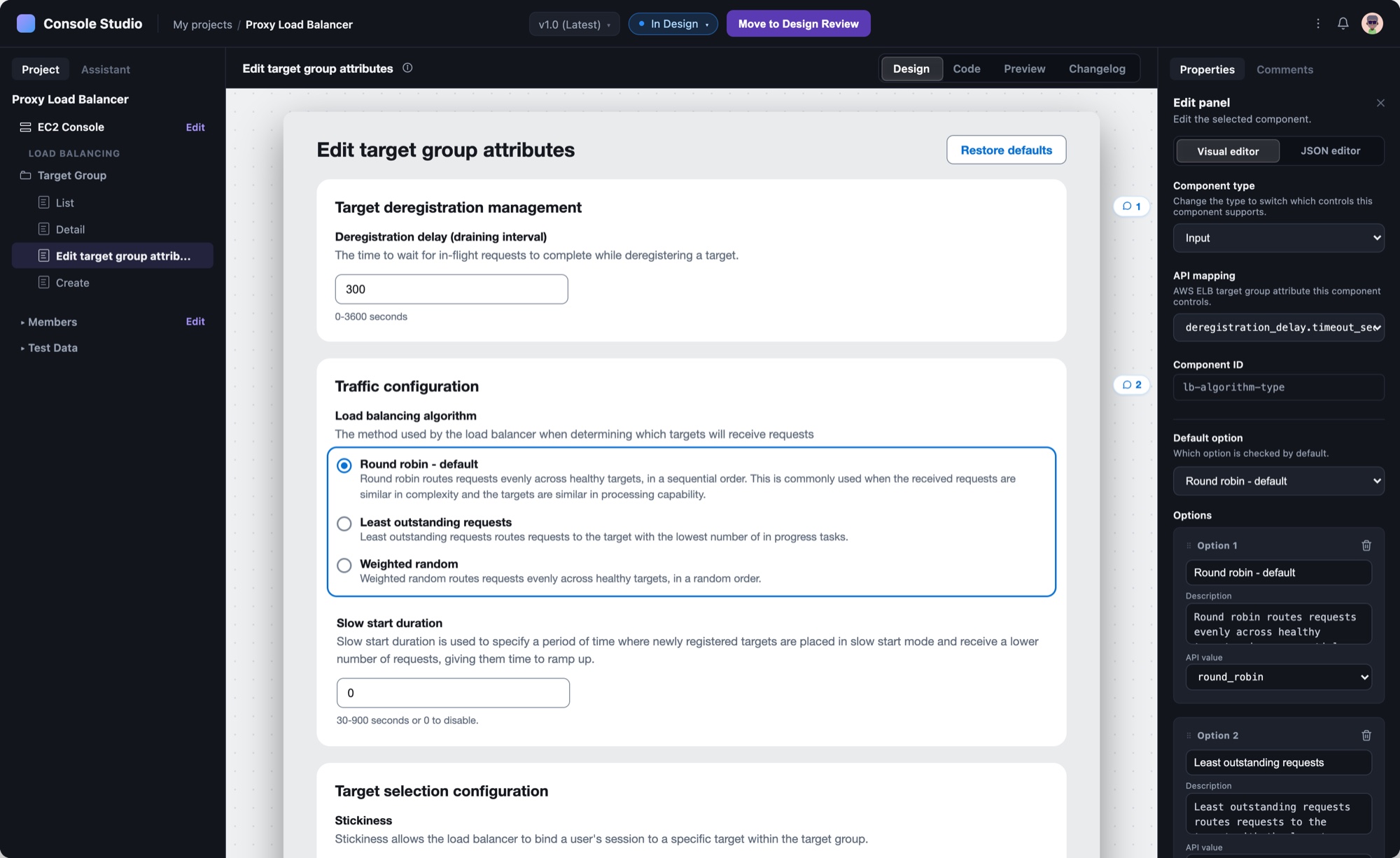A component's properties panel showing its type and the backend API attribute it maps to