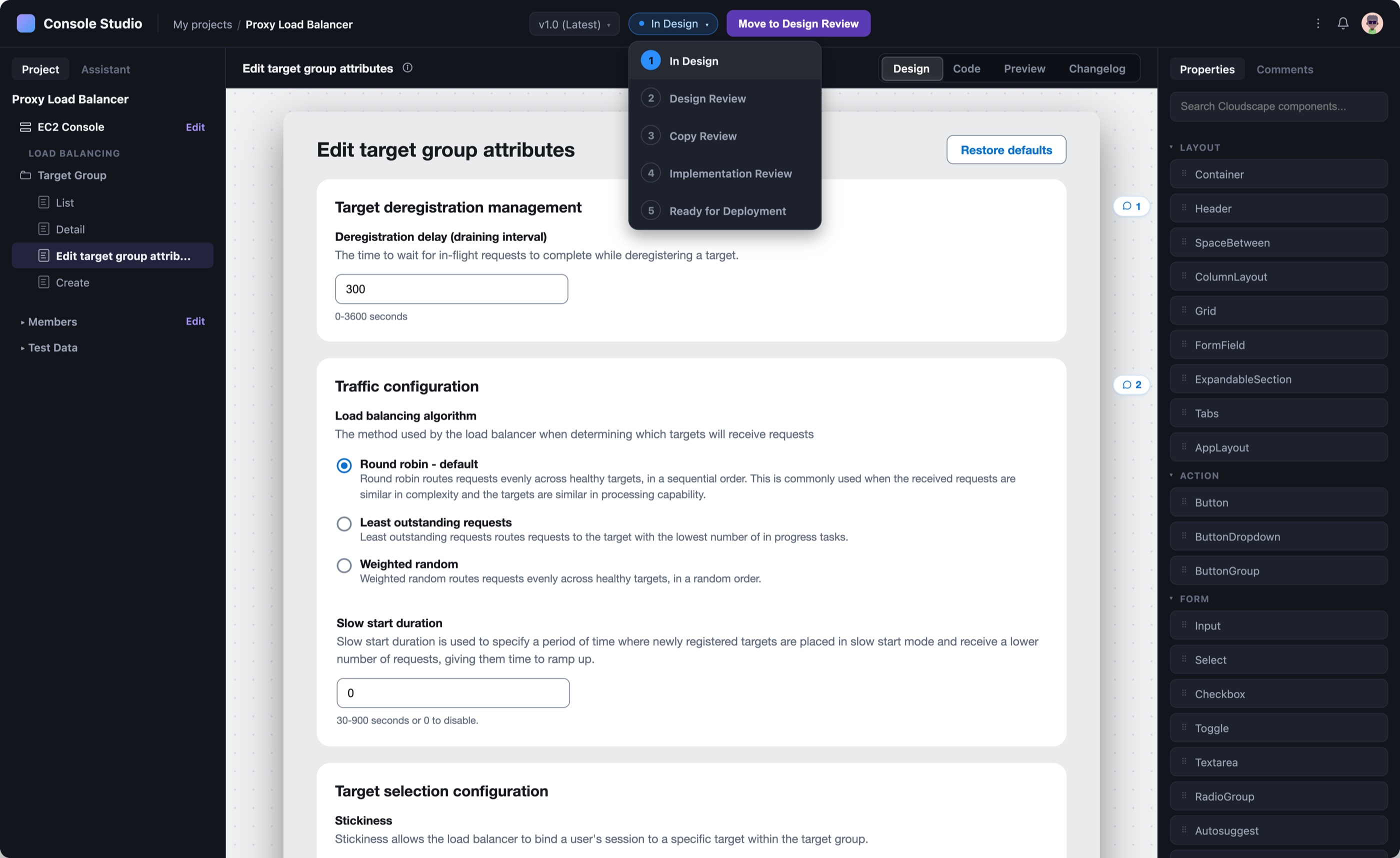 A dropdown of review stages from In Design through Ready for Deployment