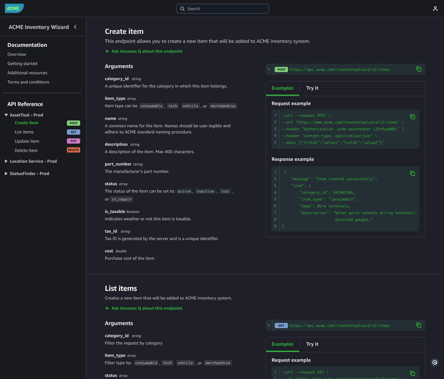 API reference, Create item