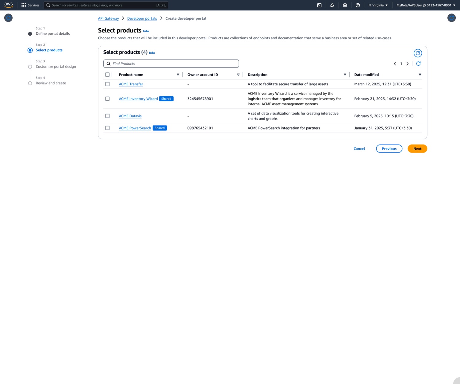 Select products for the portal