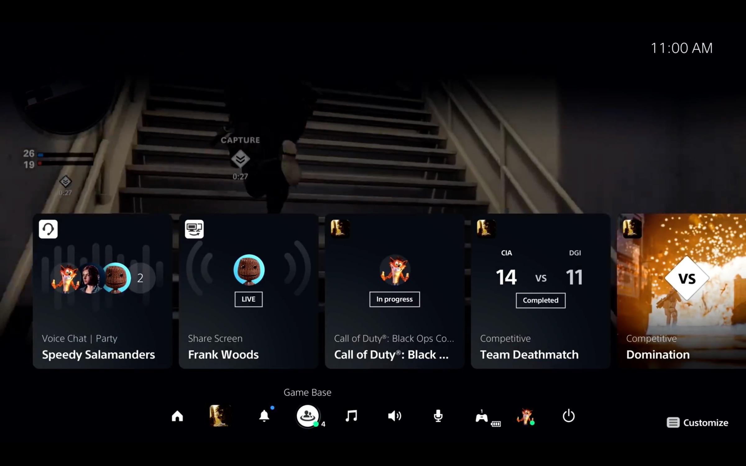 PS5 Control Center showing Game Base activity cards